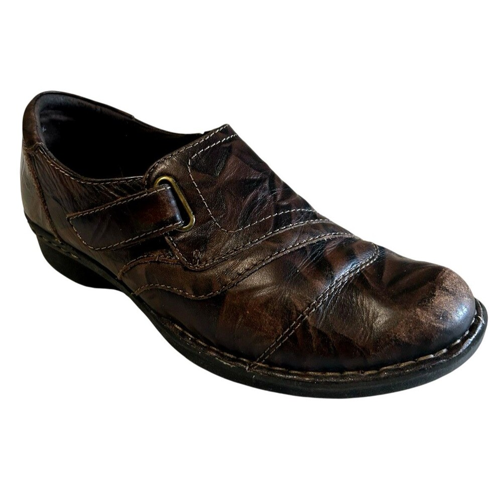 Clarks Womens Bedabbles Crinkle Leather Brown Loafer Hook & Loop Comfort 7.5M